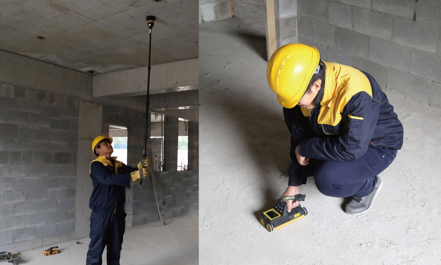 连接发射探头与延长杆，将发射探头顶到被测楼板的底部，固定不动，主机放于被测楼板顶部，进入测量界面开始测量